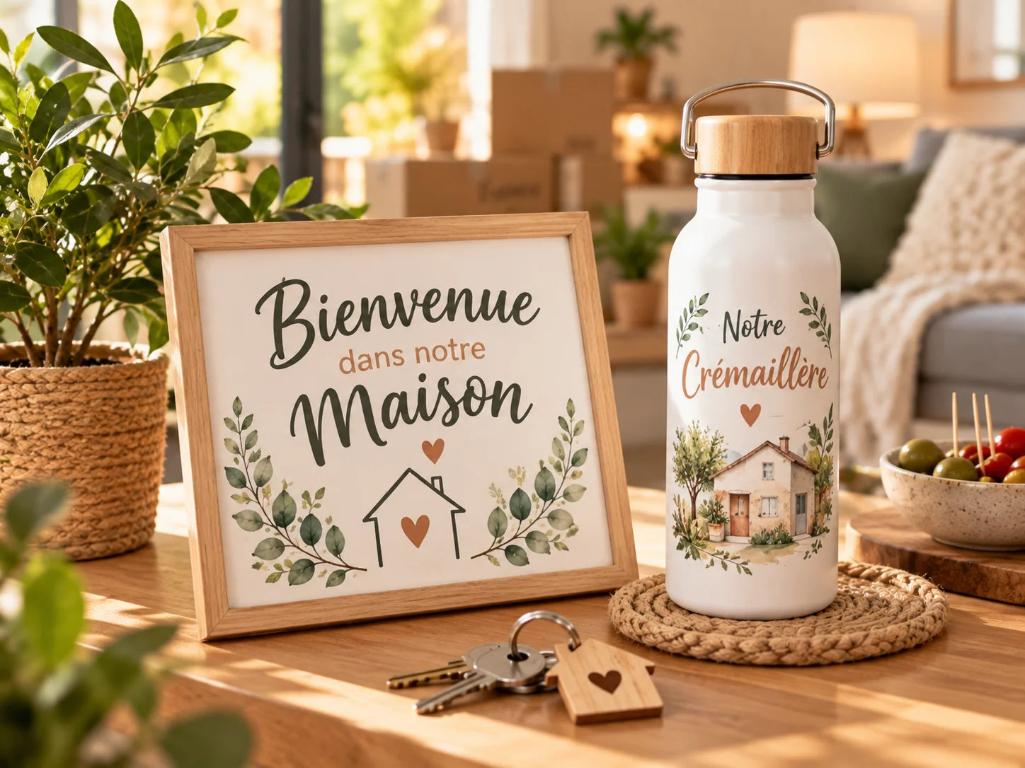 Affiche et gourde personnalisées pour une crémaillère