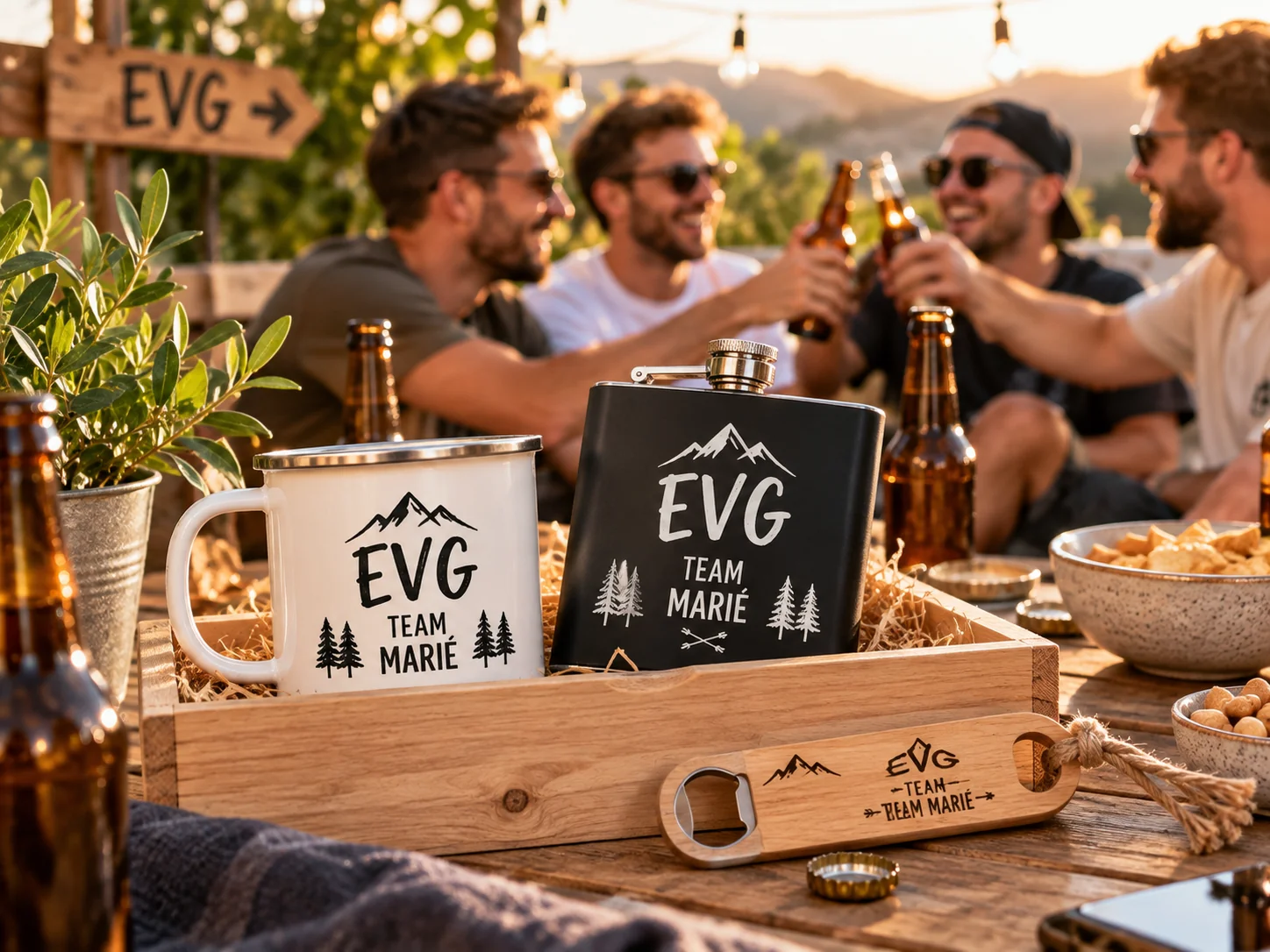 Cadeaux personnalisés EVG Team marié dans une ambiance festive