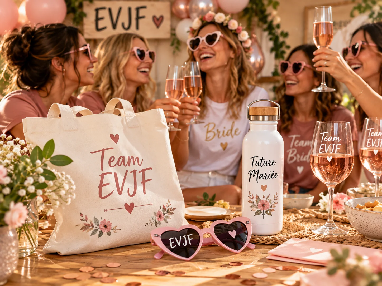 Cadeaux personnalisés EVJF avec tote bag Team EVJF et gourde Future mariée