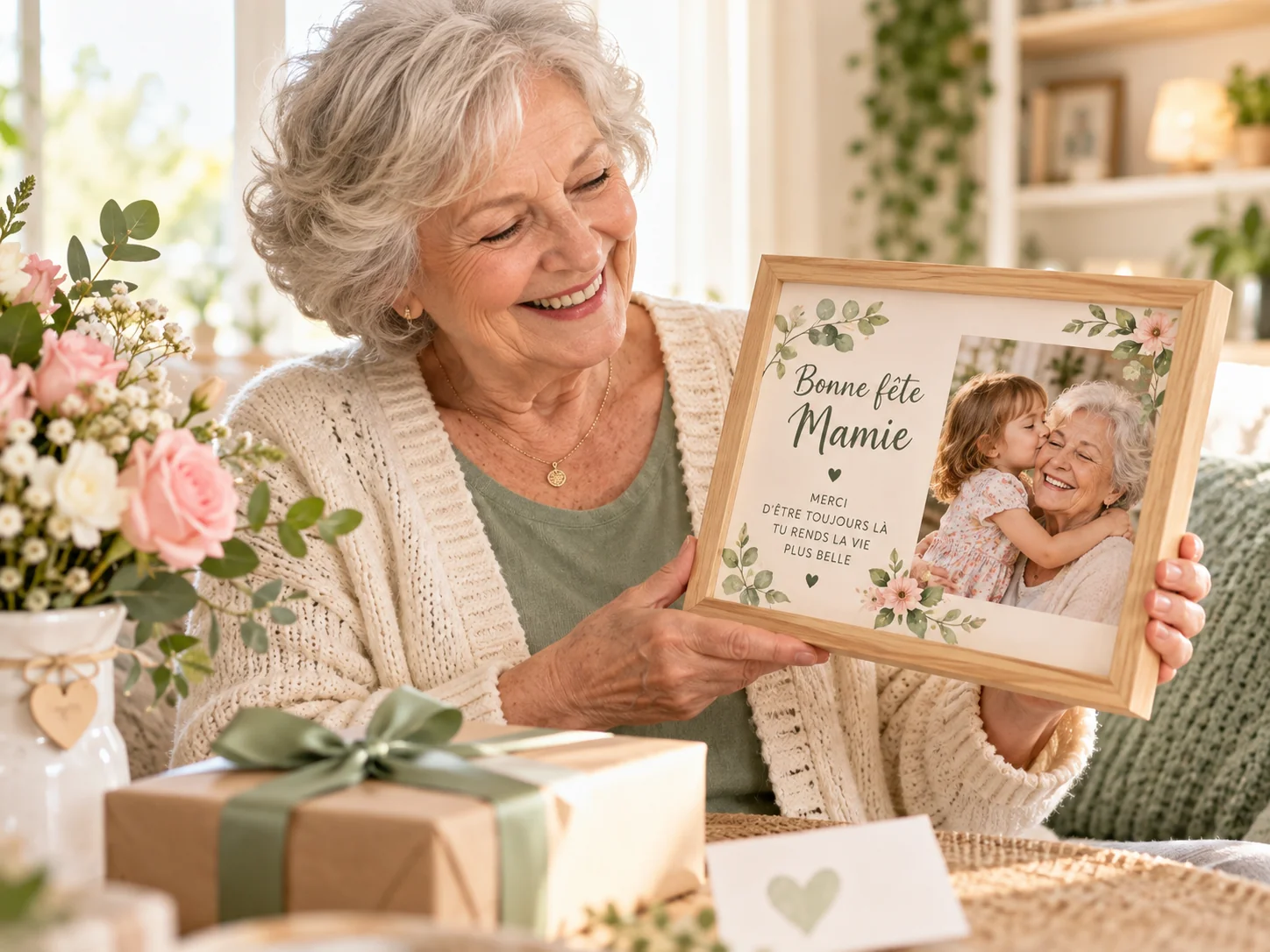 Mamie tenant un cadre personnalisé Bonne fête Mamie