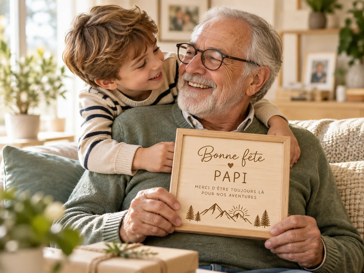 Papi avec son petit-fils et un cadre personnalisé Bonne fête Papi