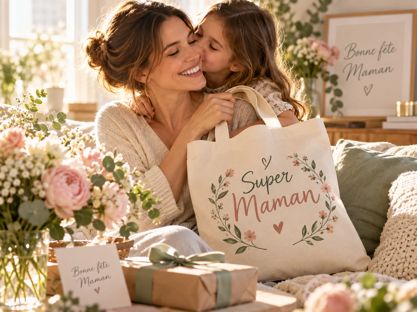 Maman avec sa fille et un tote bag personnalisé Super Maman