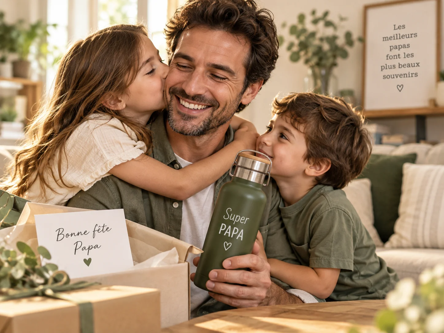 Papa avec ses enfants et une gourde personnalisée Super Papa