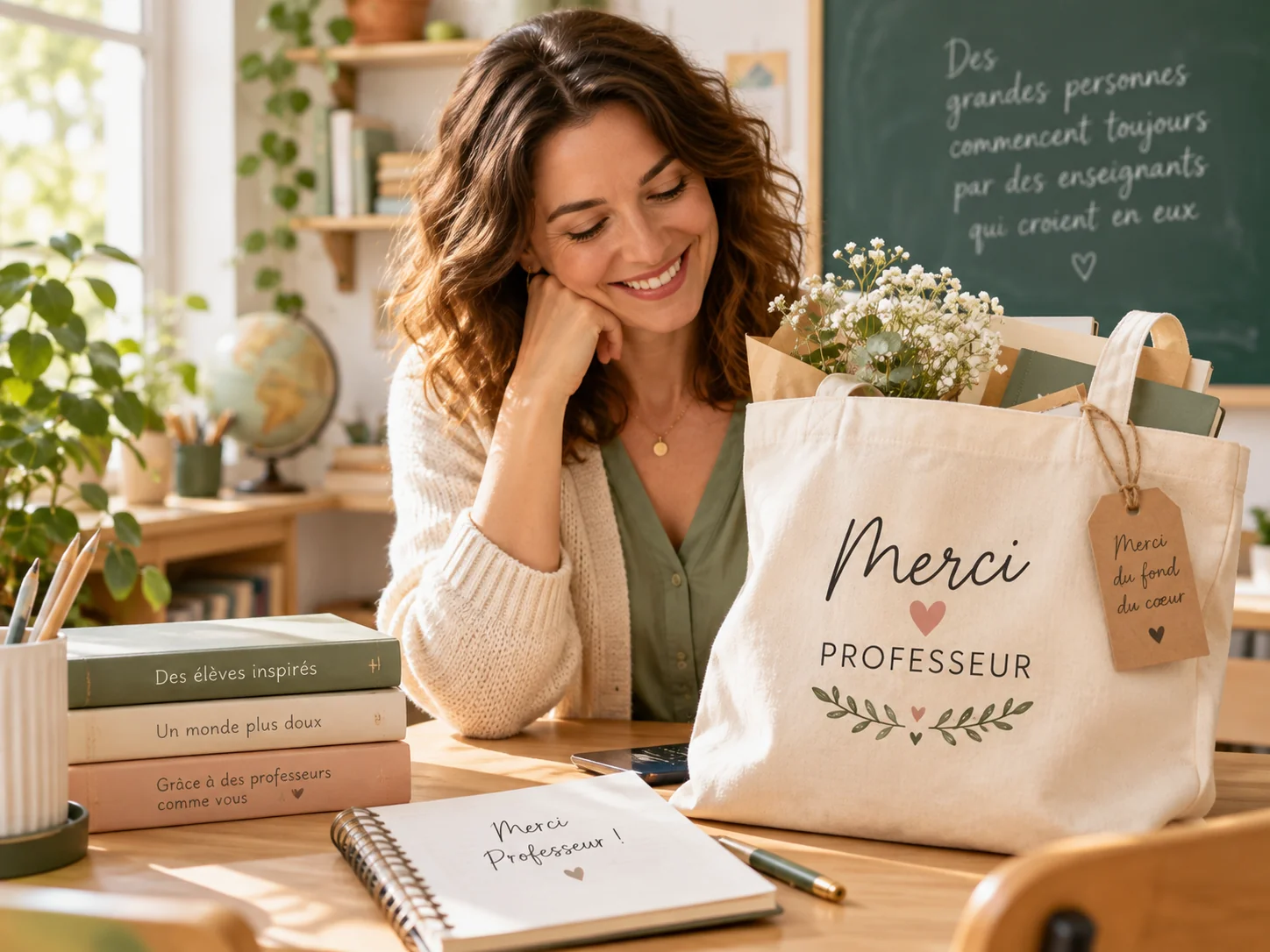 Professeure avec un tote bag personnalisé Merci professeur