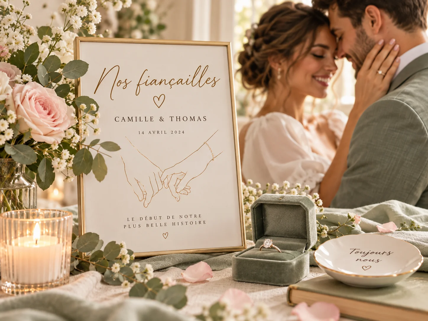 Affiche personnalisée Nos fiançailles avec bague et couple