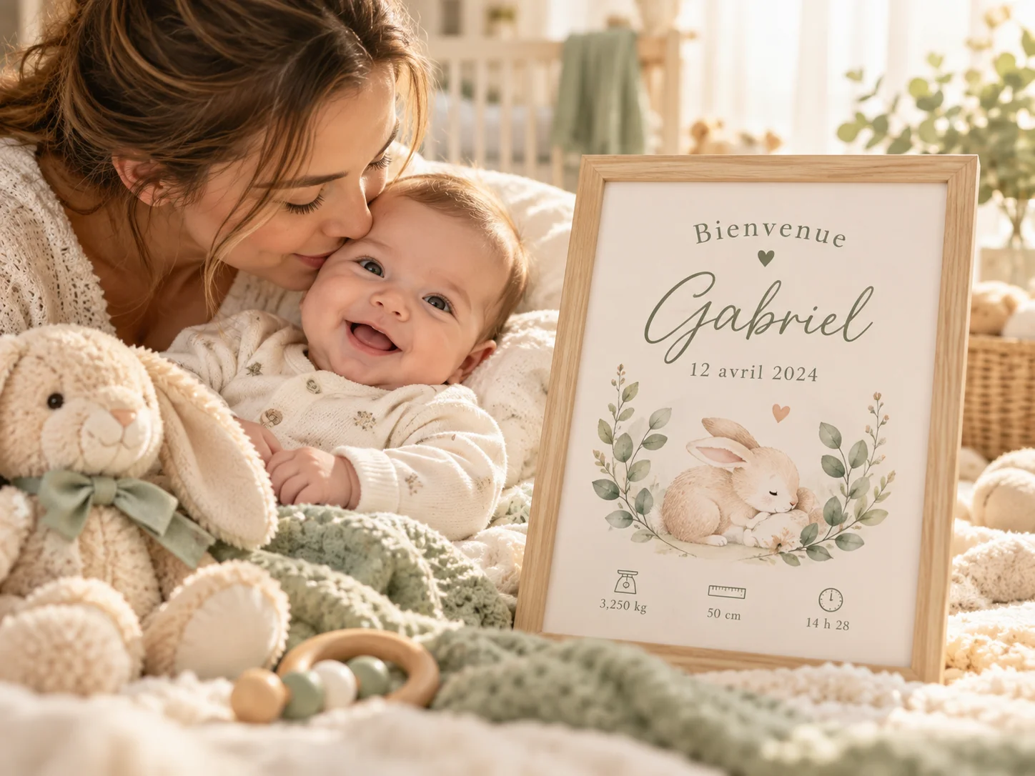 Maman et bébé avec une affiche de naissance personnalisée Gabriel