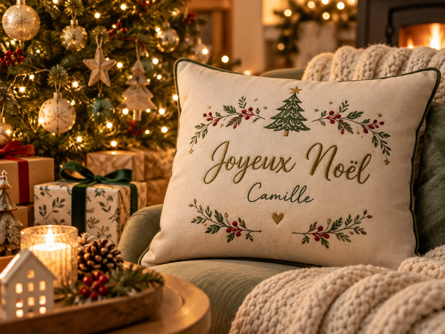 Coussin personnalisé Joyeux Noël dans une ambiance chaleureuse