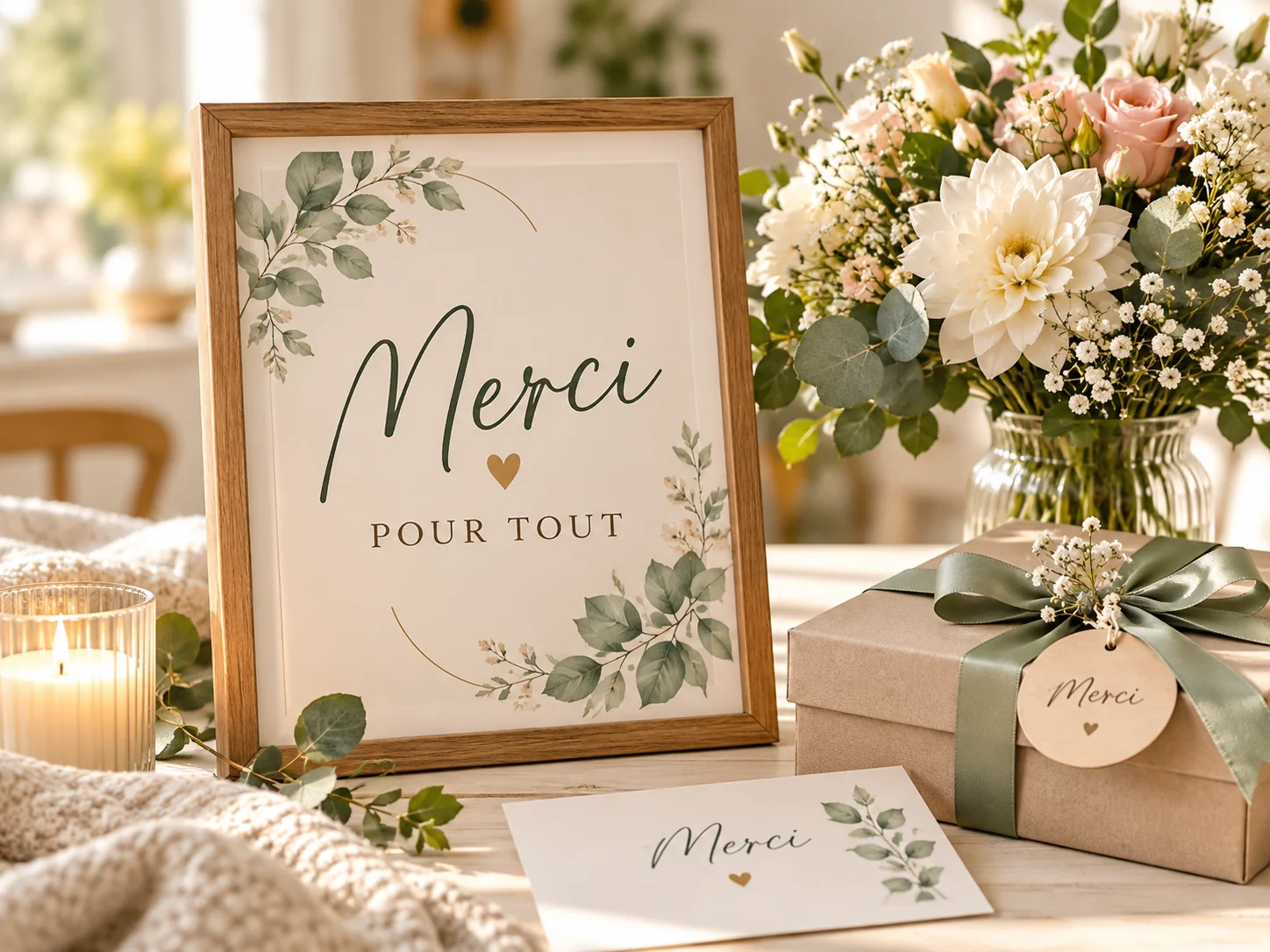 Affiche personnalisée Merci pour tout avec coffret cadeau et fleurs