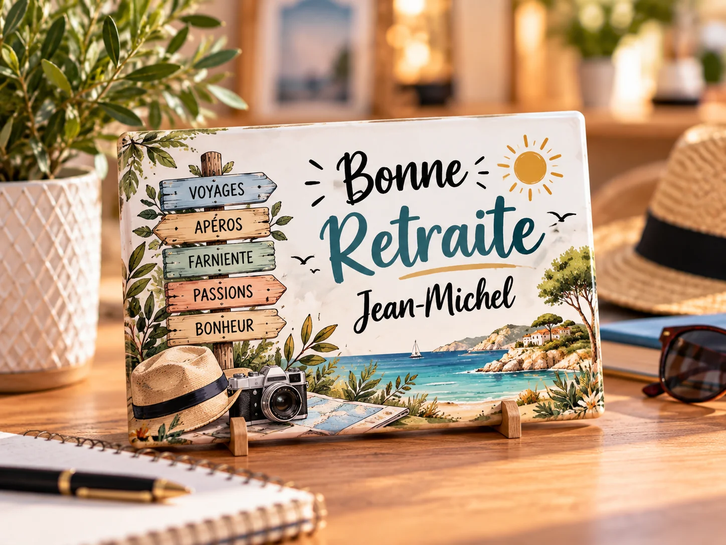 Plaque personnalisée Bonne retraite Jean-Michel dans un décor de voyage
