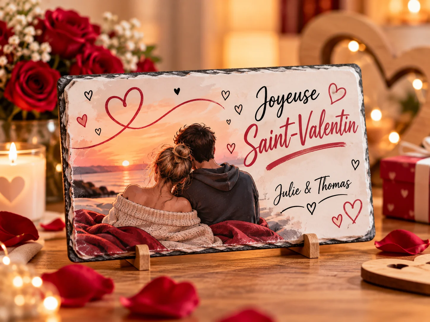 Plaque personnalisée Joyeuse Saint-Valentin dans un décor romantique