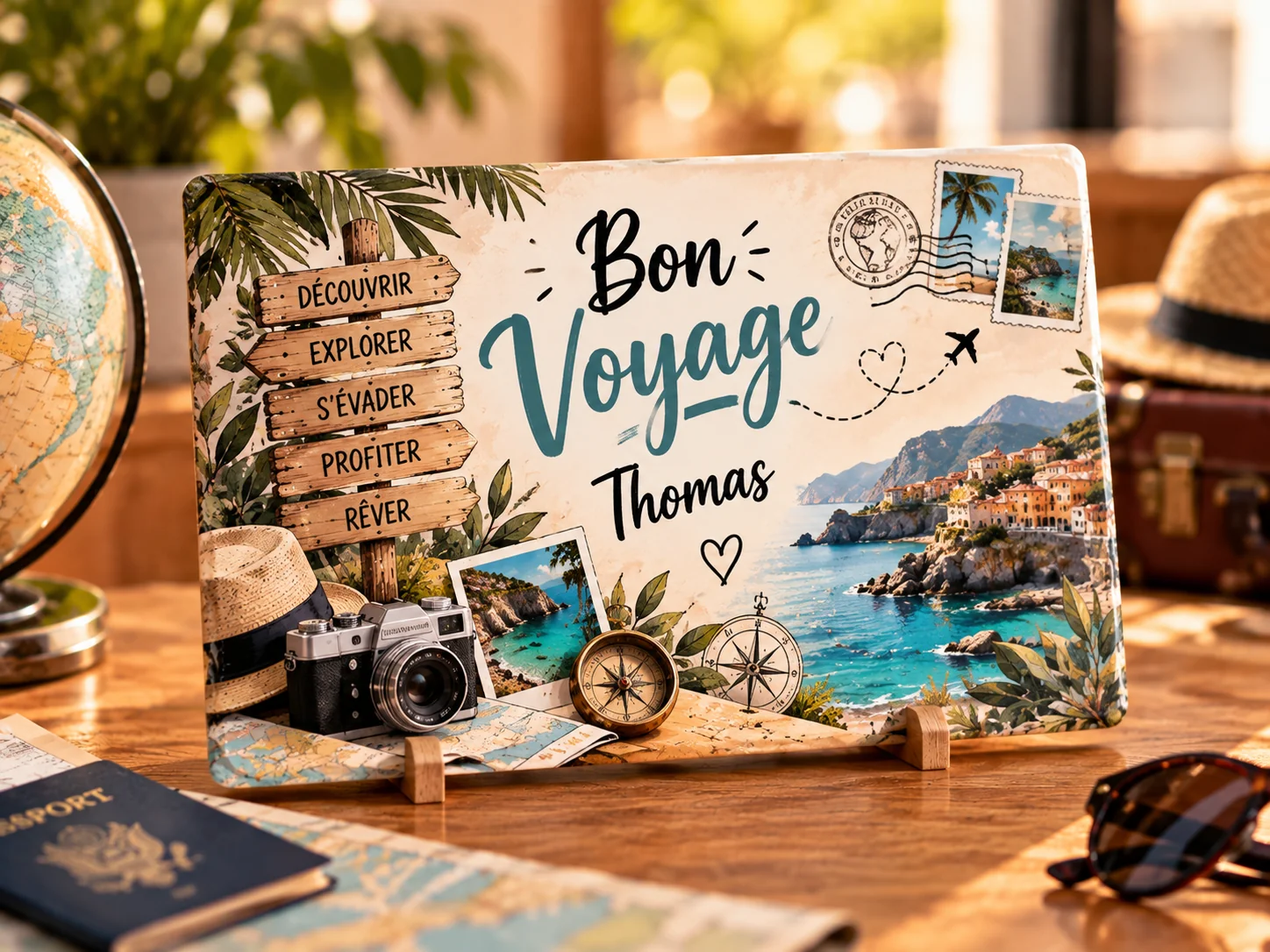 Plaque personnalisée Bon voyage Thomas avec accessoires de voyage