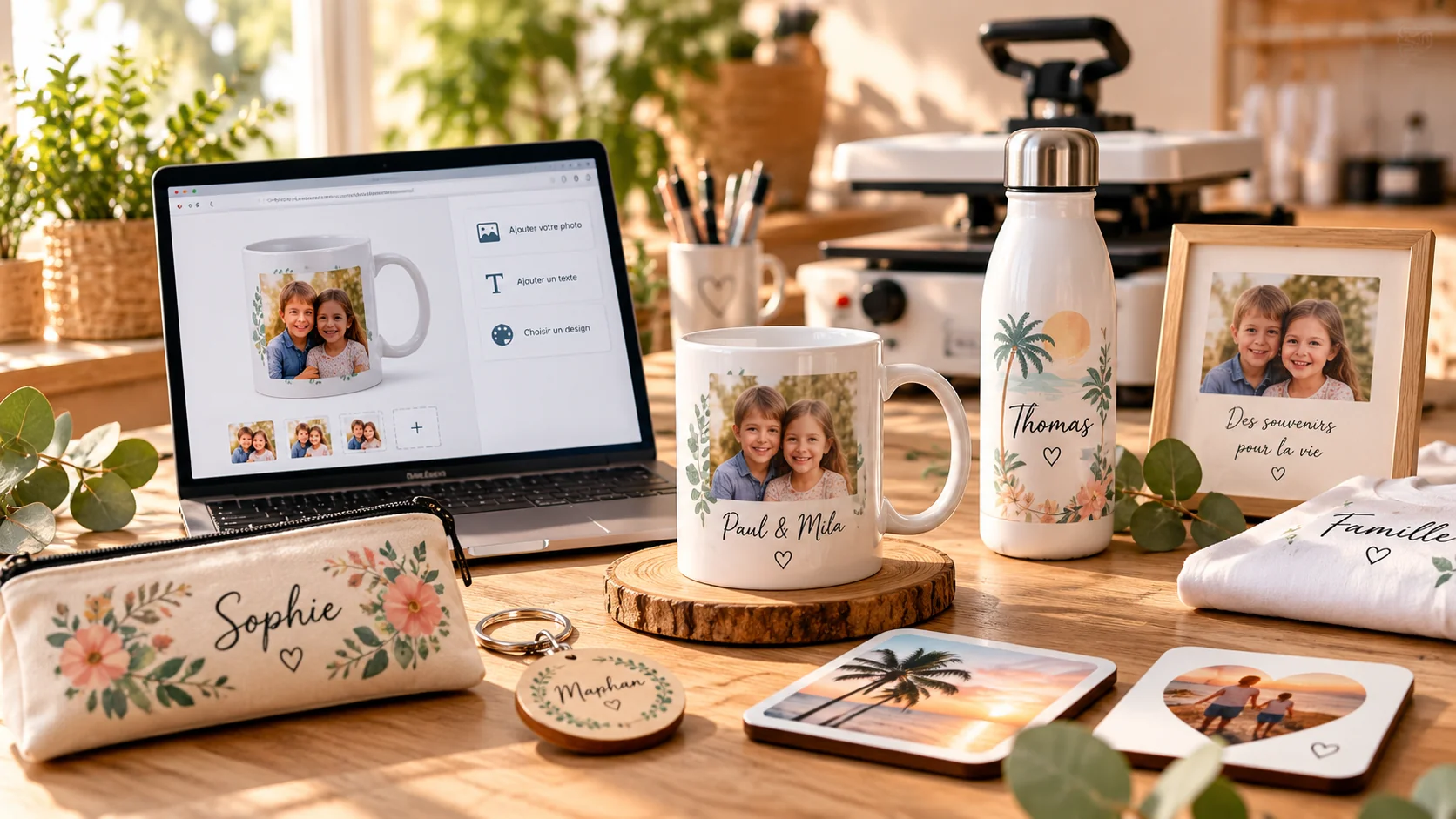 Personnalisation de cadeaux en ligne avec photo et texte sur mug, gourde et accessoires